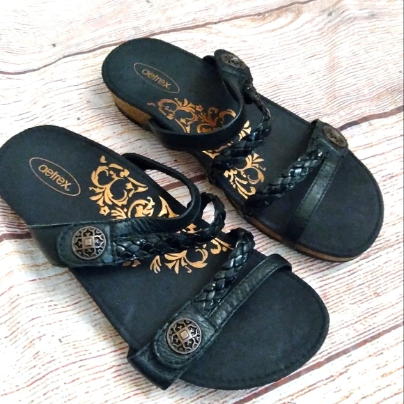 Aetrex Black and Gold Women's Sandals - Picture 1 of 6